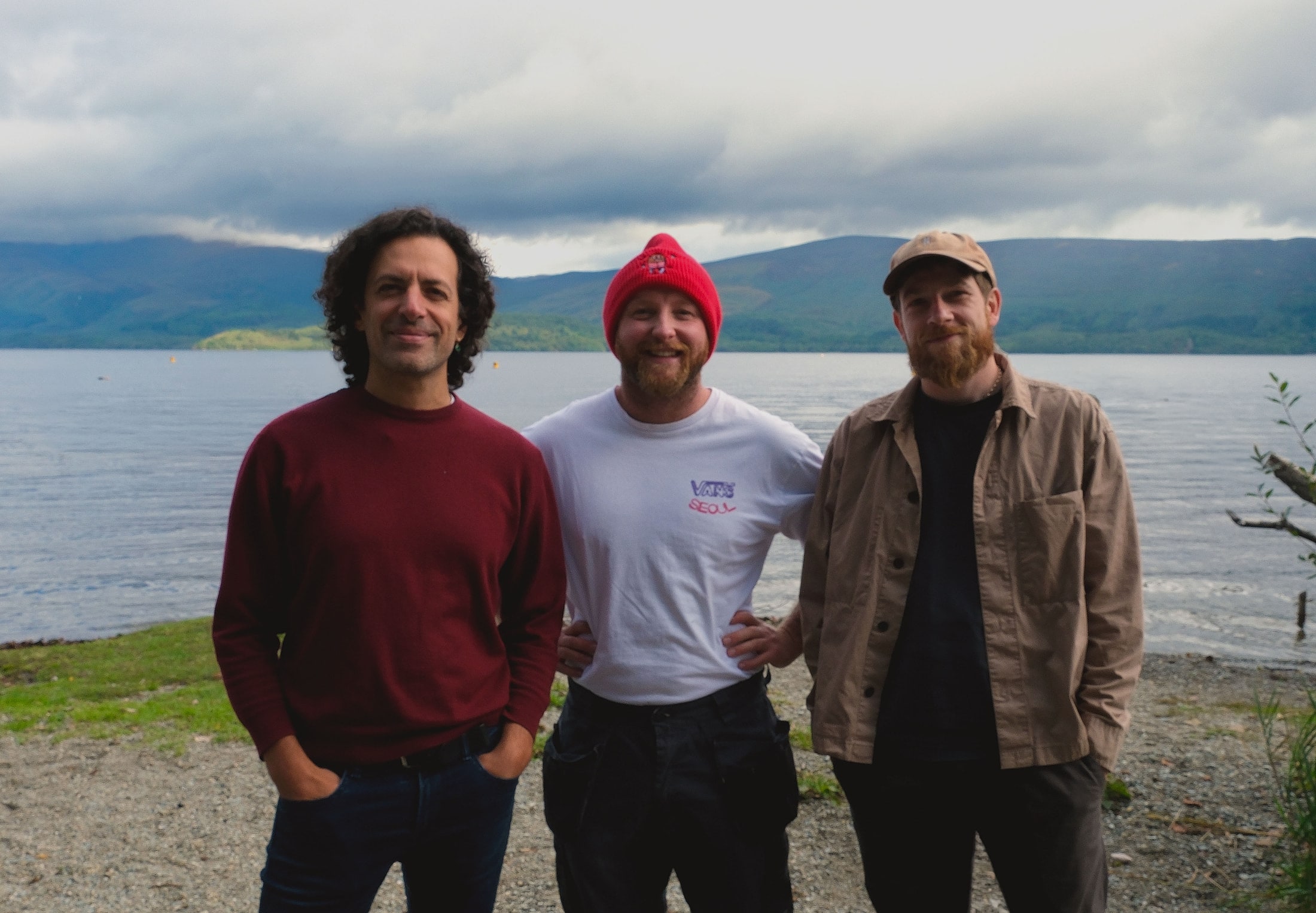 Glenn, Kieran and Panos together on the beach at Luss, Loch Lomond